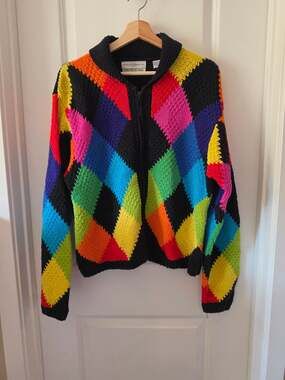 Vintage Marisa Christina Hand Knit Zip Cardigan Sweater XL Rainbow Harlequin